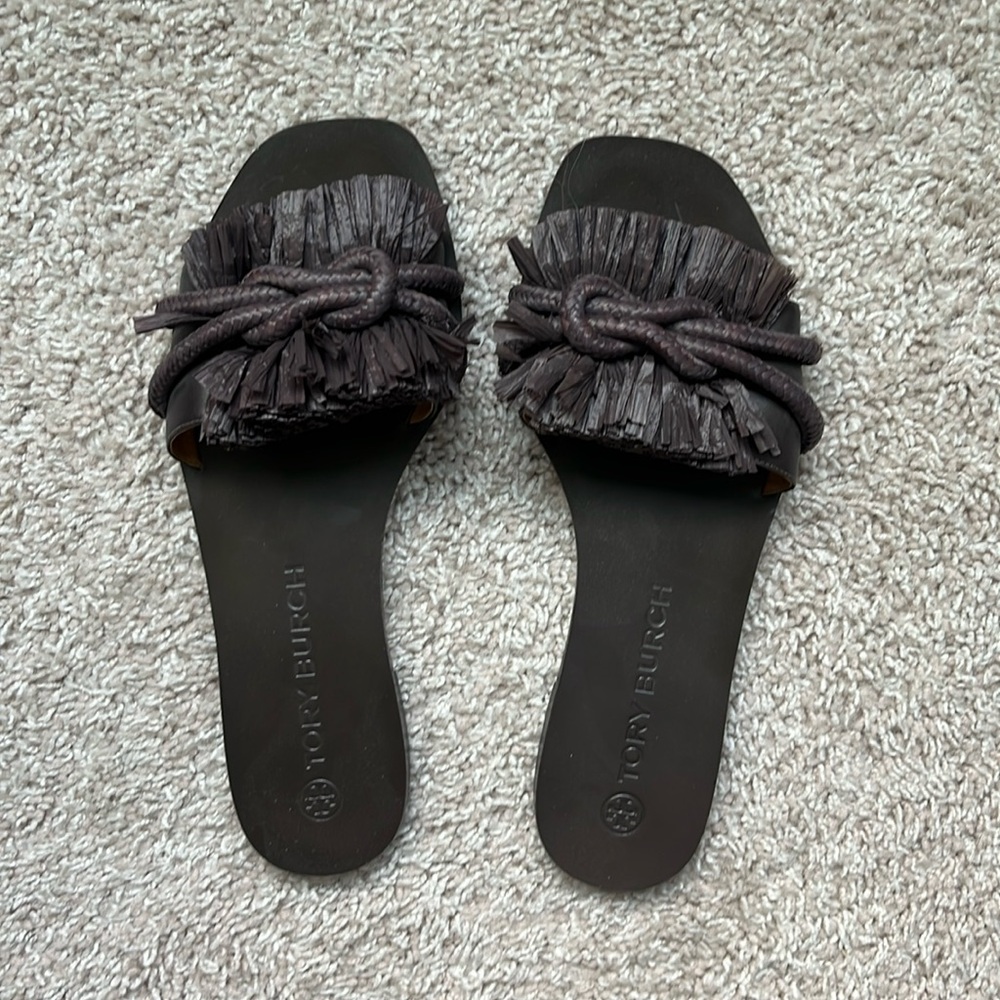 Brown Tory Burch leather raffia slide sandals
